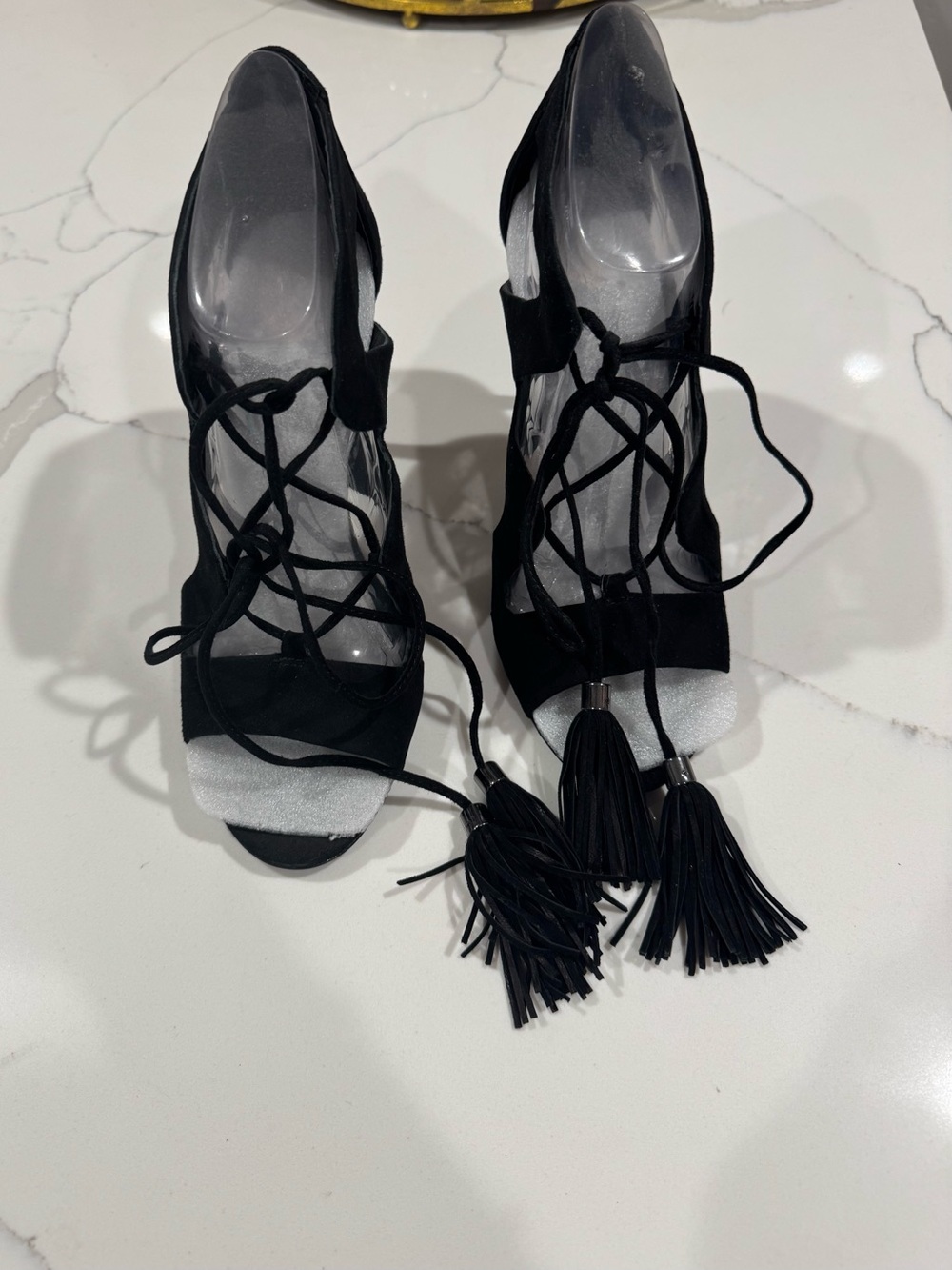 Vince Camuto Black Suede Lace-Up Tassel Heels